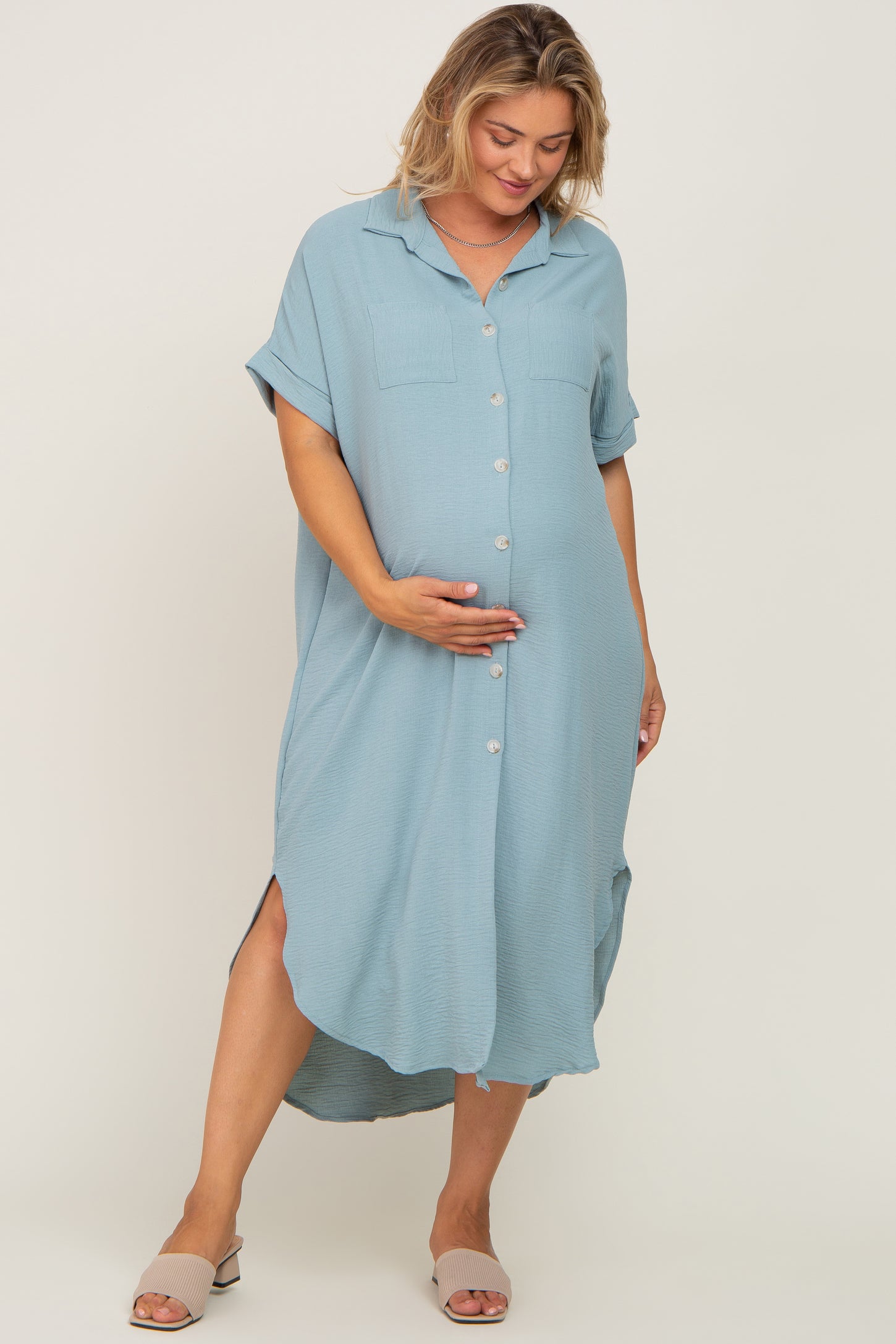 Light Olive Button Down Hi Low Maternity Plus Maxi Dress– PinkBlush