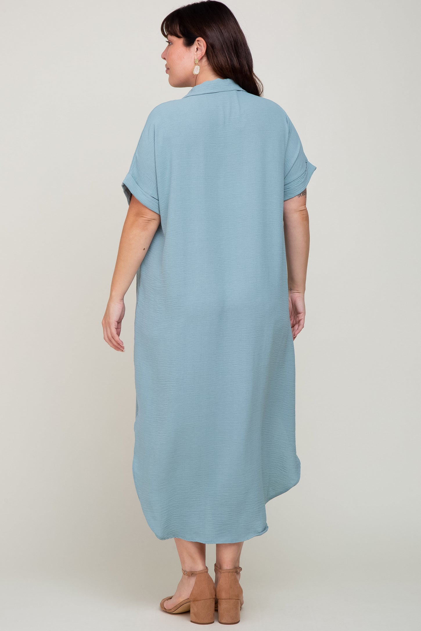 Light Olive Button Down Hi Low Plus Maxi Dress