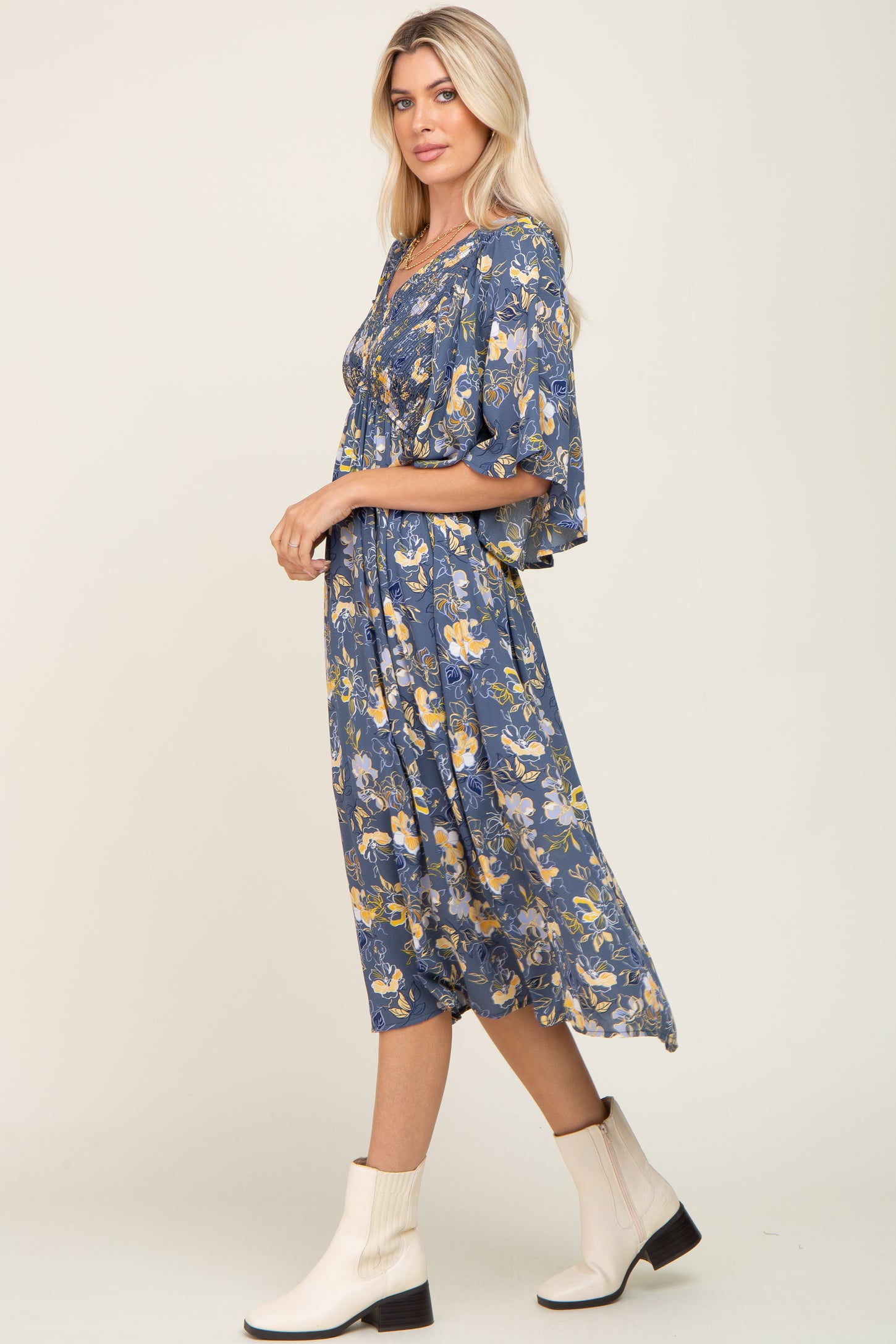 Blue Floral Smocked Flowy Half Sleeve Midi Dress PinkBlush Blue Floral Smocked Flowy Half Sleeve Midi Dress PinkBlush
