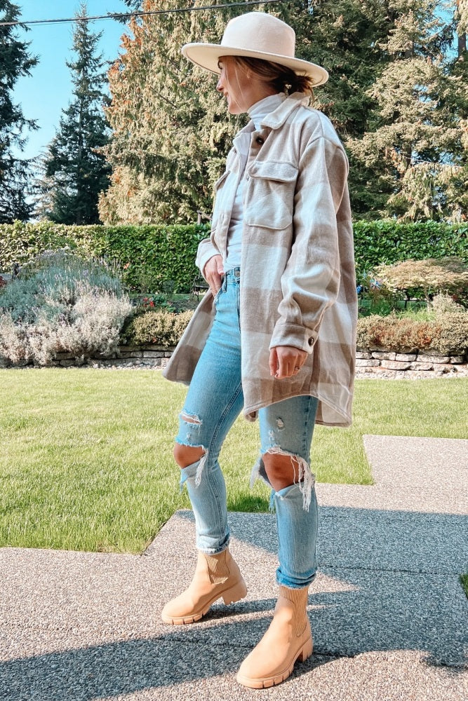 Beige Plaid Brushed Long Shacket