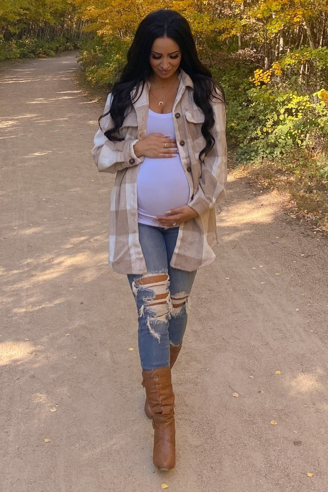Beige Plaid Brushed Long Maternity Shacket