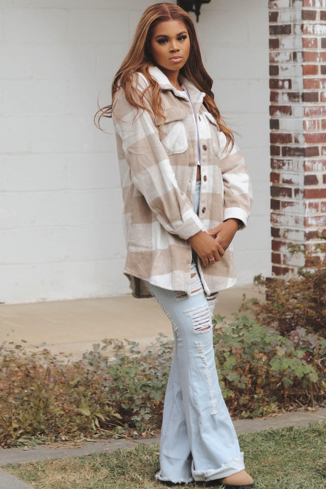 Beige Plaid Brushed Long Shacket