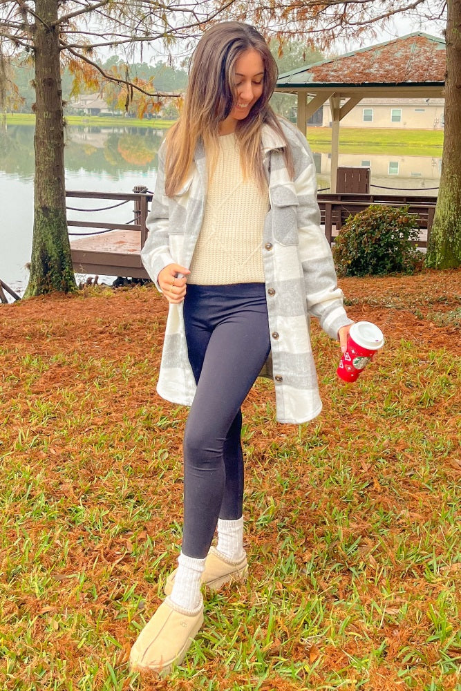 Grey Plaid Brushed Long Shacket