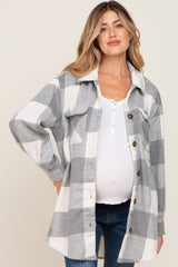 Grey Plaid Brushed Long Maternity Shacket
