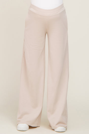 Beige Wide Leg Fray Hem Maternity Sweatpants