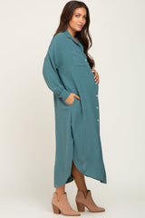 Teal Button Down Front Pocket Maternity Midi Dress