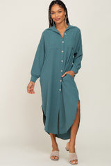 Teal Button Down Front Pocket Maternity Midi Dress