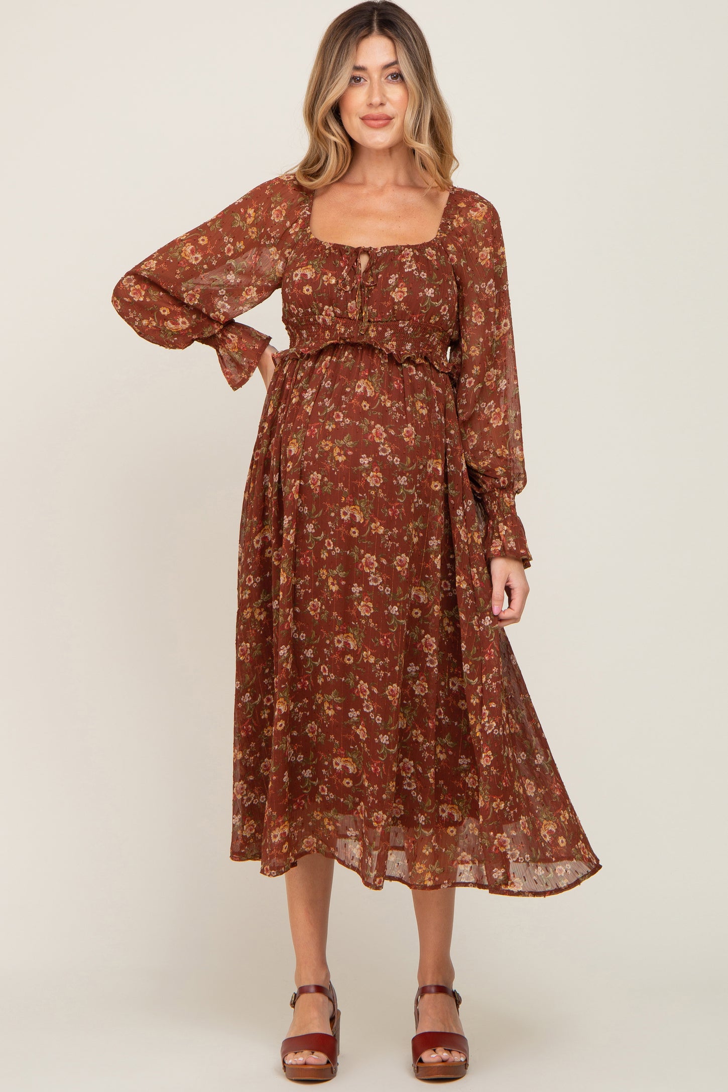 chiffon smocked dress POLKA DOT CHIFFON SMOCKED TIERED MIDI DRESS Rosedale Street