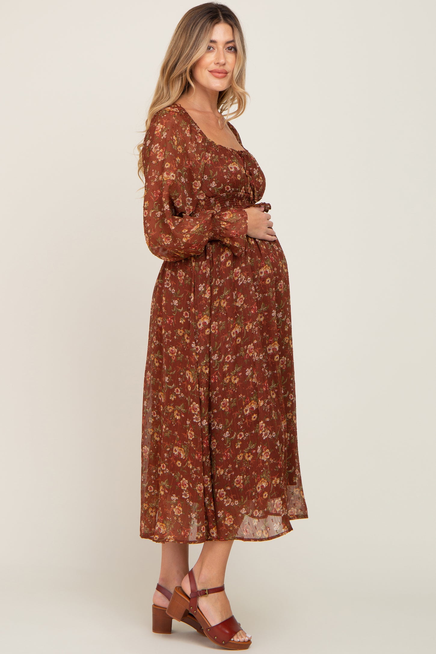 Brown Floral Chiffon Smocked Waist Maternity Midi Dress PinkBlush Brown Floral Chiffon Smocked Waist Maternity Midi Dress PinkBlush
