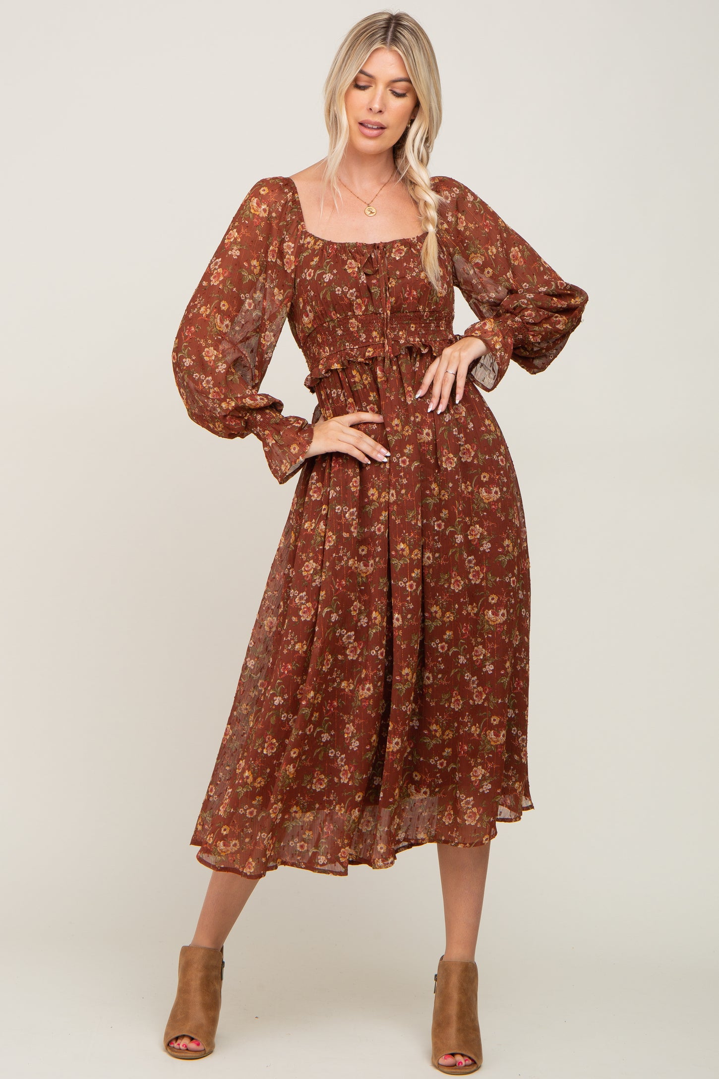 Brown Floral Chiffon Smocked Waist Maternity Midi Dress PinkBlush Brown Floral Chiffon Smocked Waist Maternity Midi Dress PinkBlush