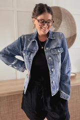 Navy Blue Distressed Cropped Denim Jacket