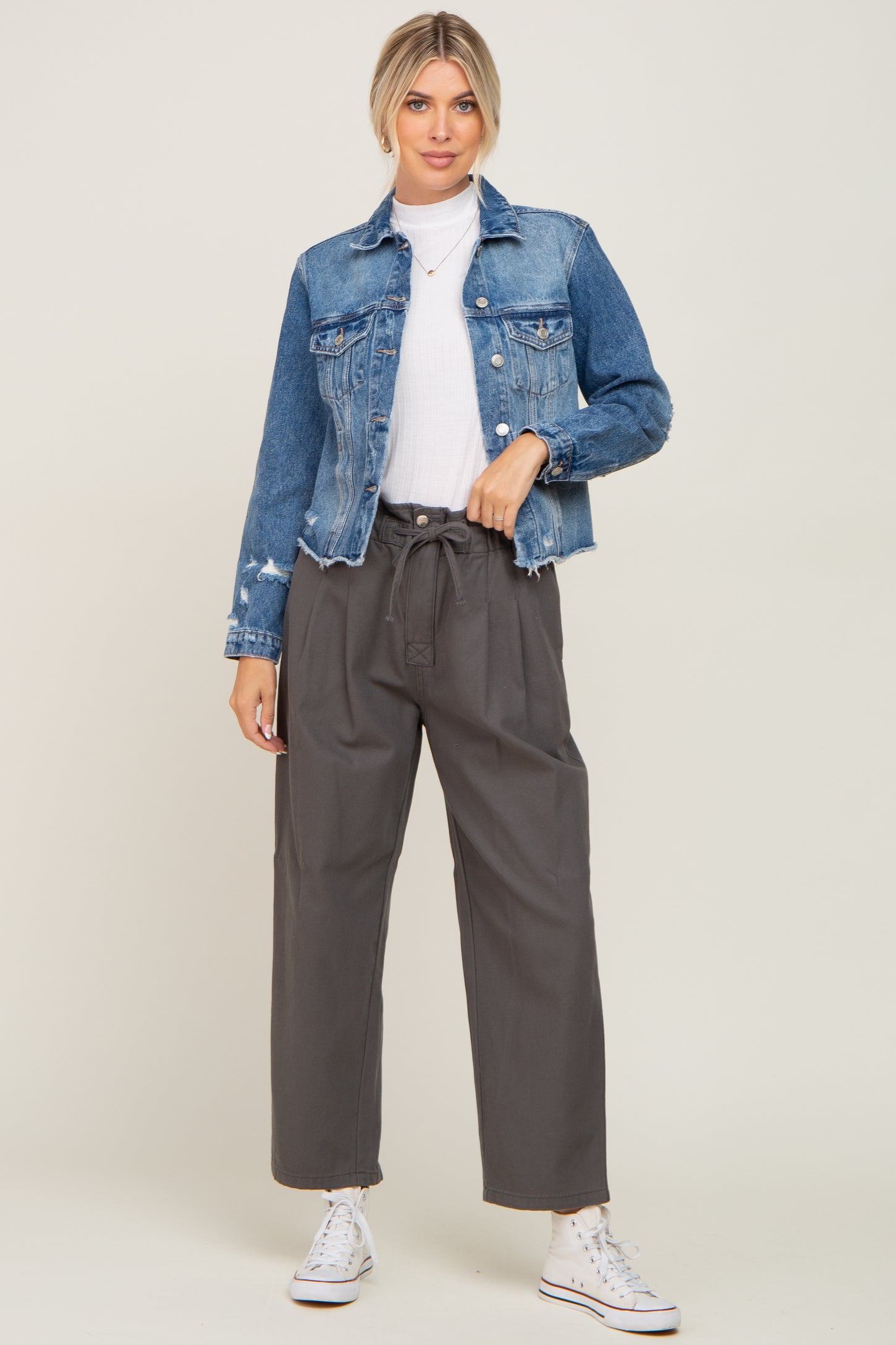 Navy Blue Distressed Cropped Denim Jacket