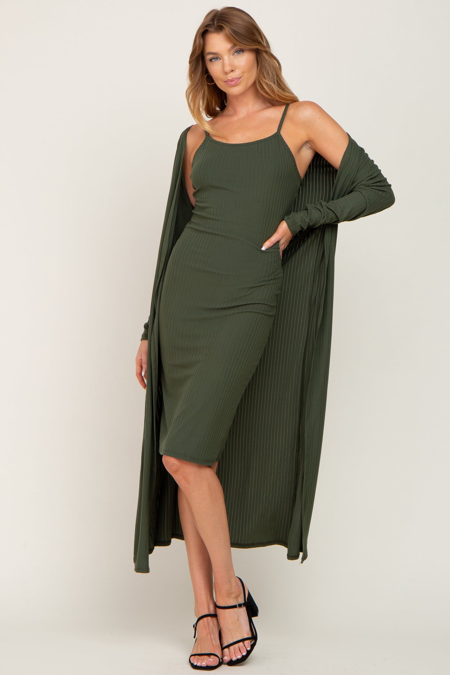Pinkblush Women's Olive Ribbed Cardigan 2 Piece Set