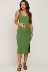 Olive Ribbed Back Cutout Maternity Midi Dress