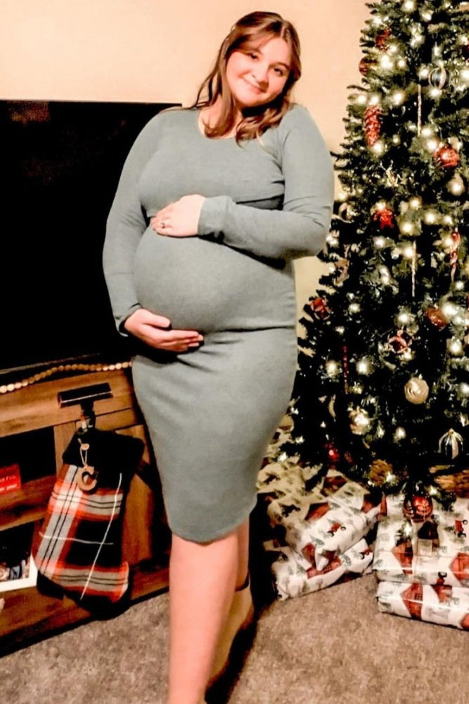 Green Brushed Knit Long Sleeve Maternity Wrap Nursing Dress – PinkBlush