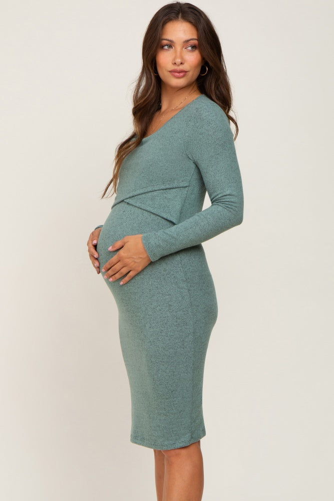 Green Brushed Knit Long Sleeve Maternity Wrap Nursing Dress – PinkBlush