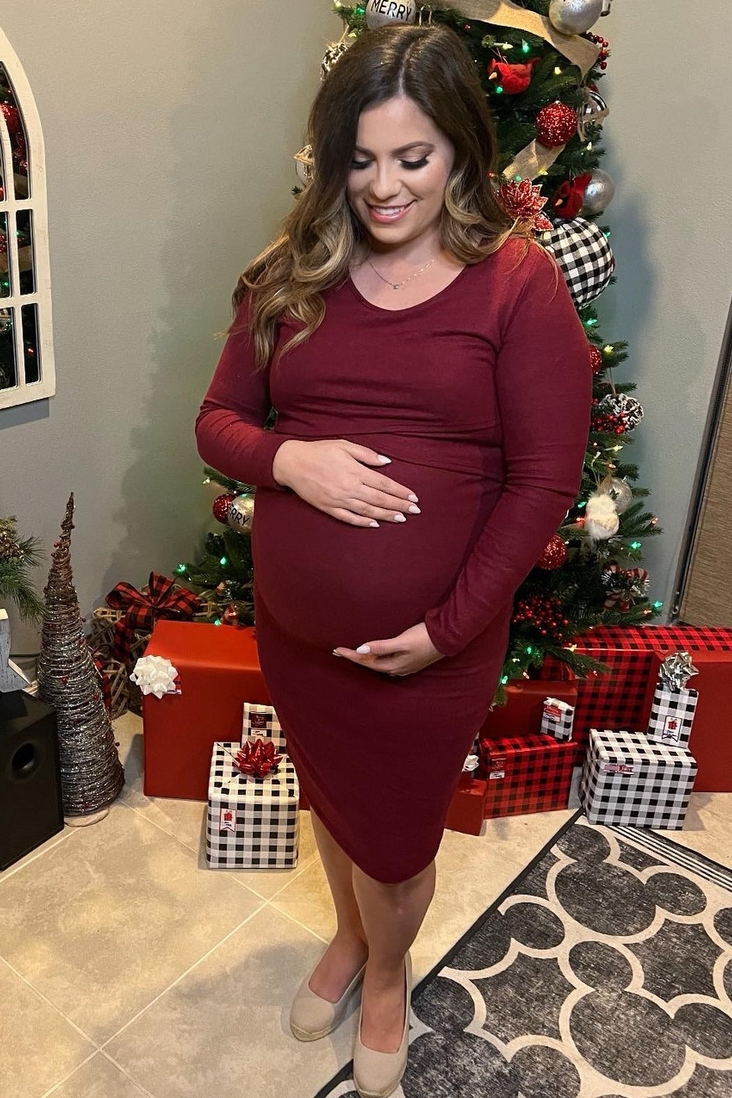 long sleeve nursing dress Burgundy Brushed Knit Maternity Wrap 012322 This womens nursing breastfeeding Sunflower | Dark Lily Color:Jibarita Natural