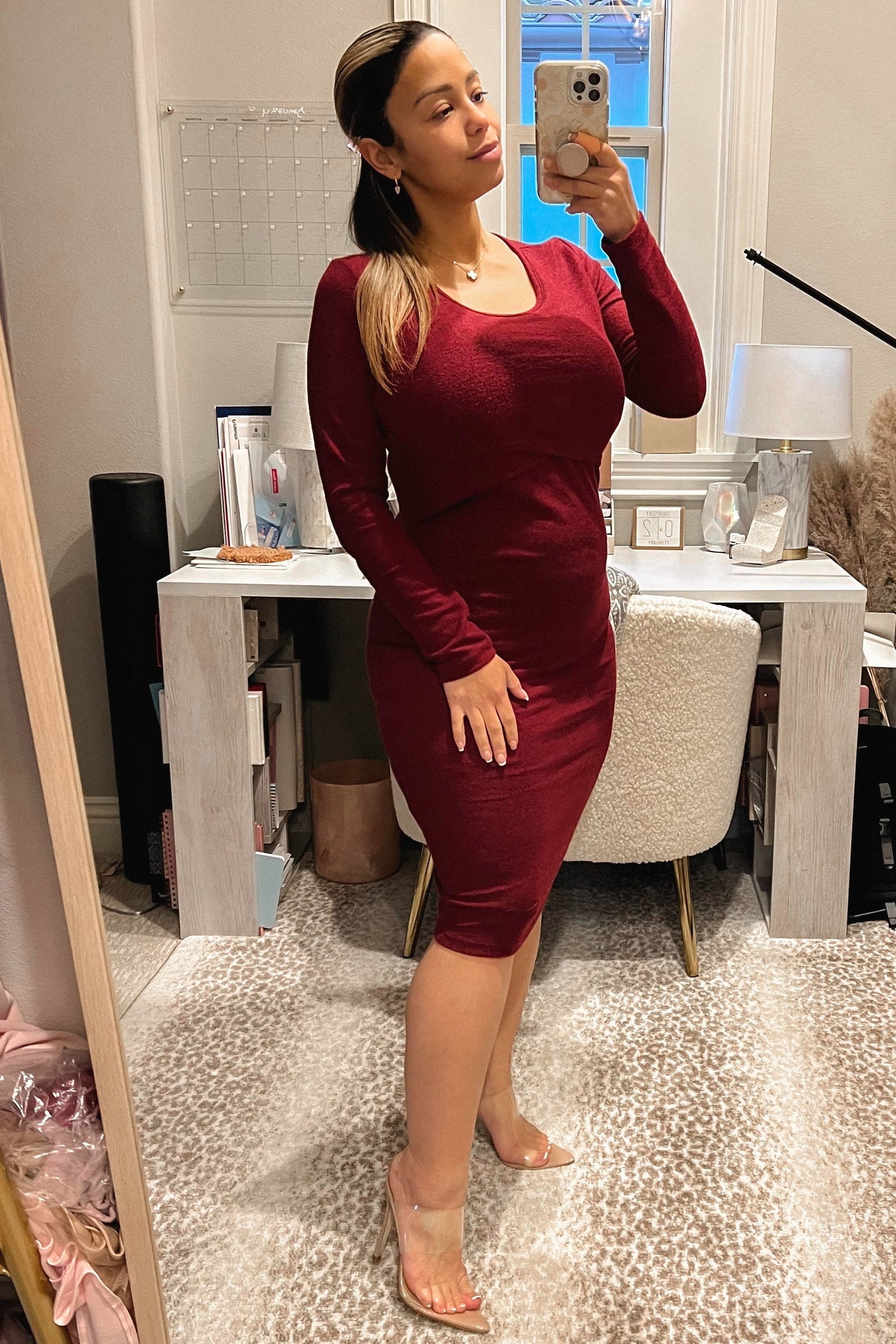 Burgundy Brushed Knit Long Sleeve Wrap Nursing Dress