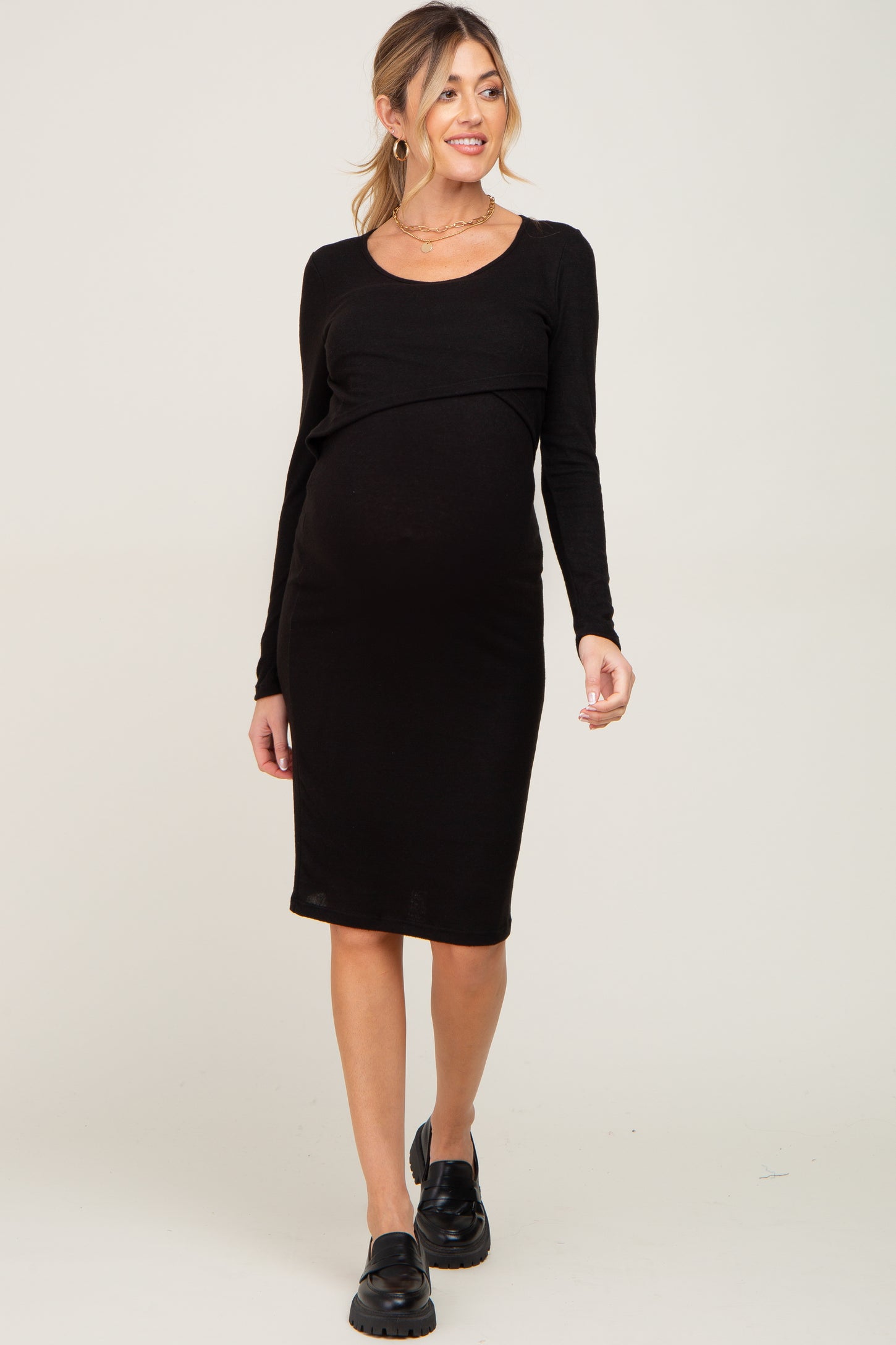 Black Brushed Knit Long Sleeve Wrap Nursing Dress Small