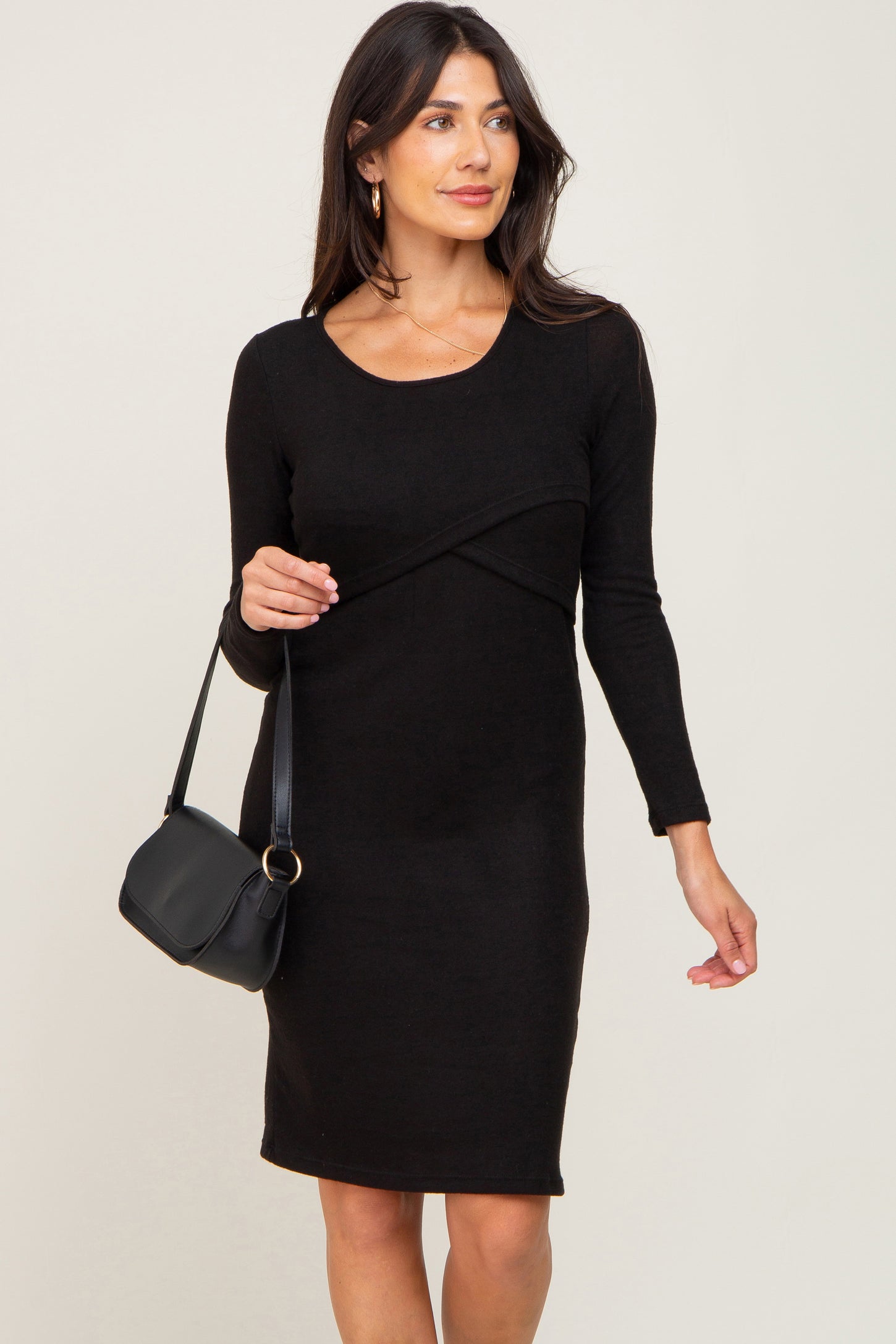 Black Brushed Knit Long Sleeve Wrap Nursing Dress Small