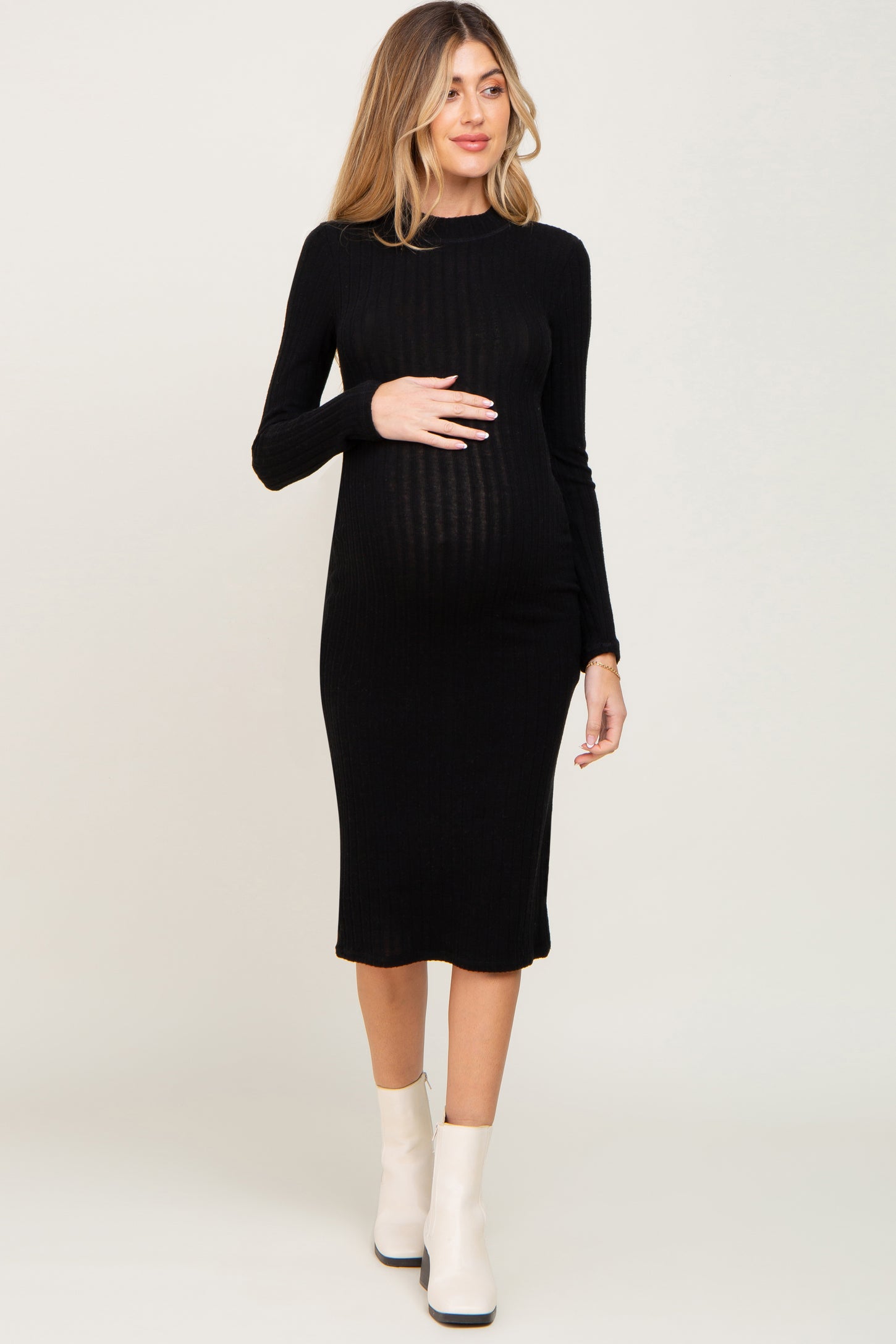 Black Brushed Knit Long Sleeve Mock Neck Maternity Dress – PinkBlush