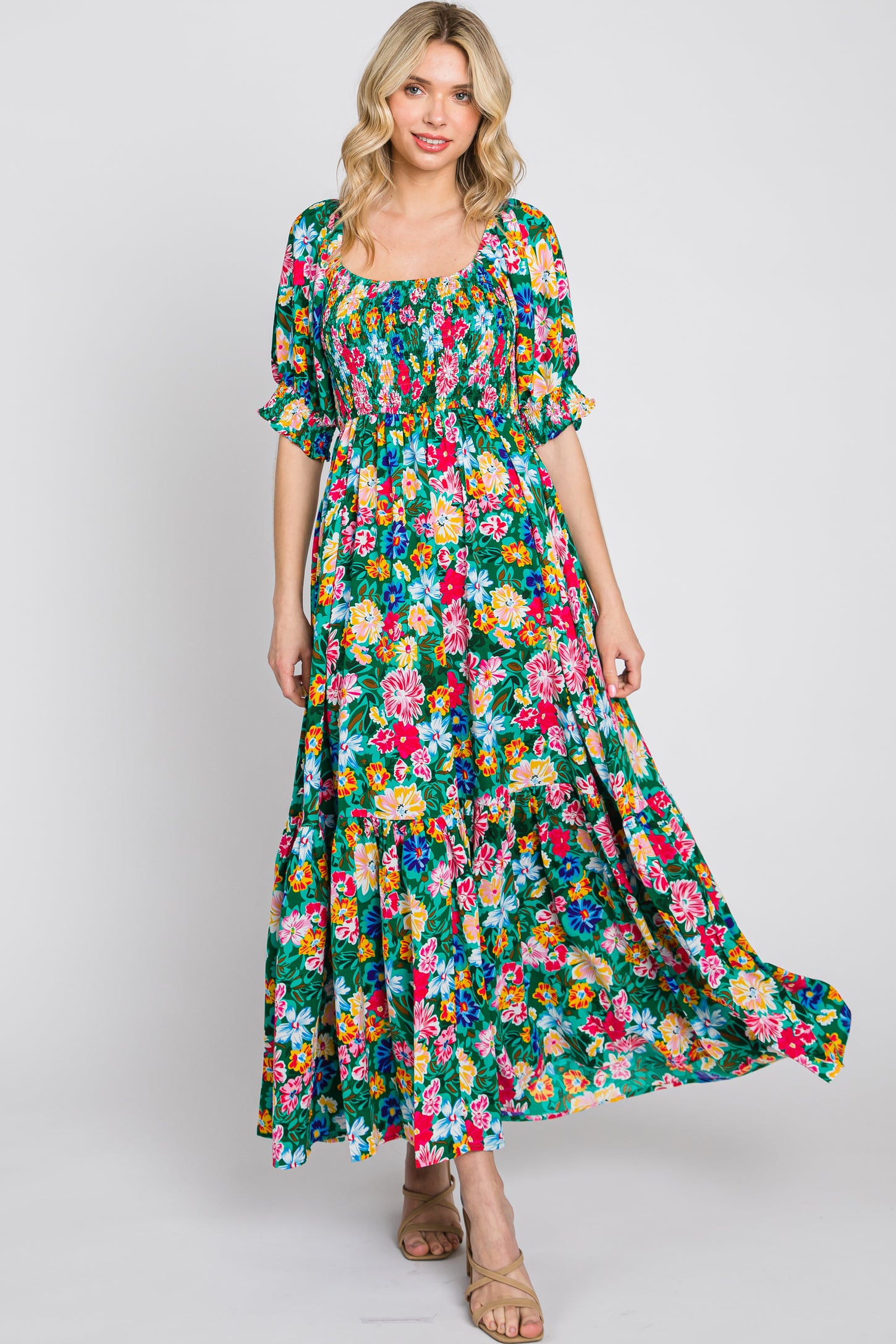Green Floral Smocked Puff Sleeve Maxi Dress