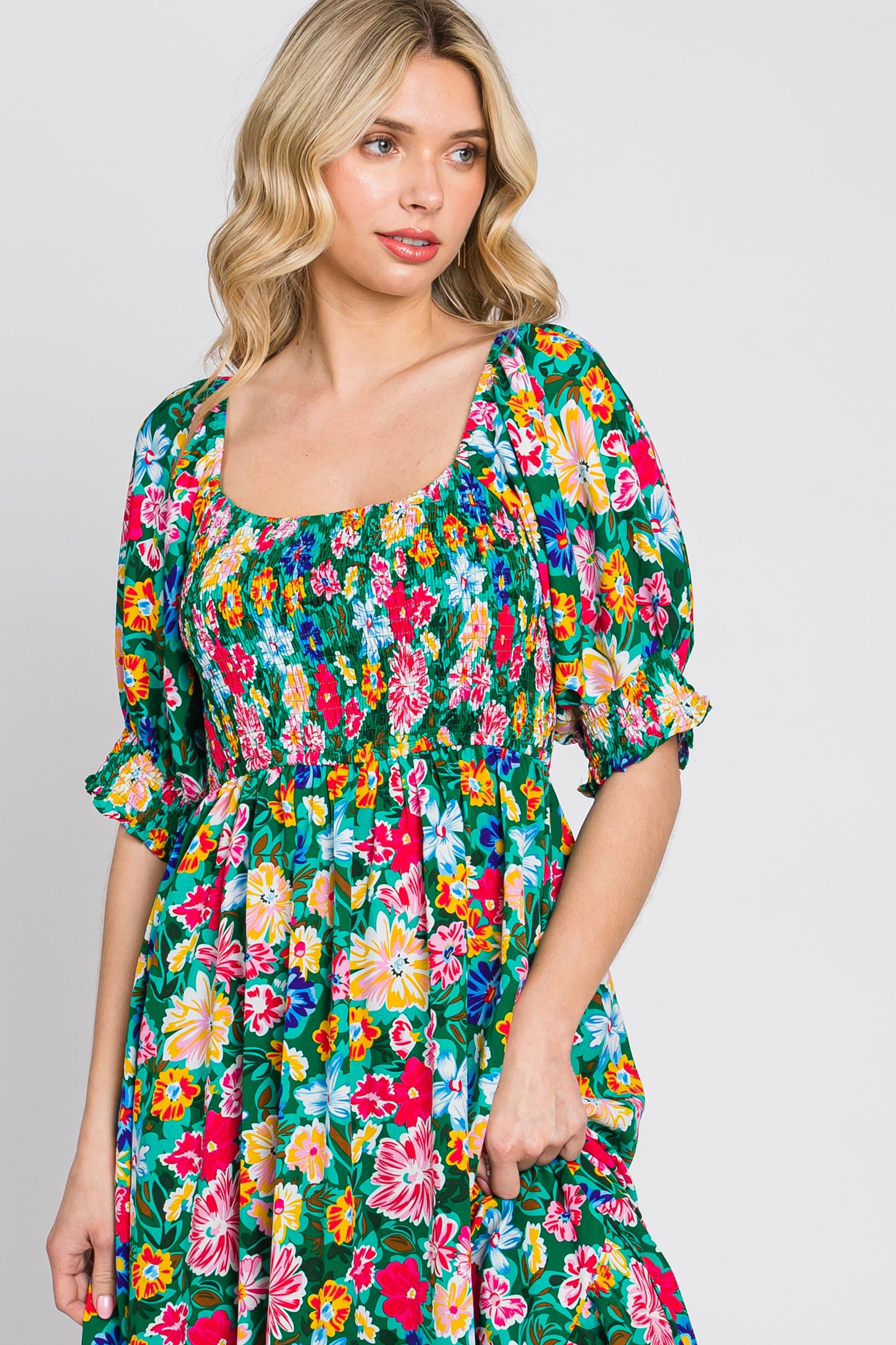 Green Floral Smocked Puff Sleeve Maxi Dress – PinkBlush Green Floral Smocked Puff Sleeve Maxi Dress – PinkBlush