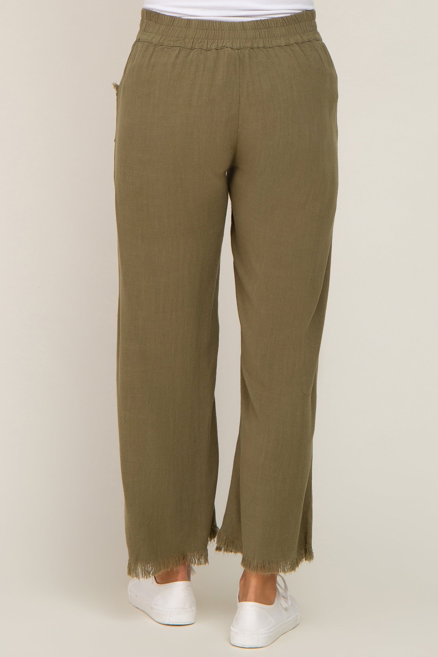 Olive Linen Frayed Hem Crop Maternity Pants
