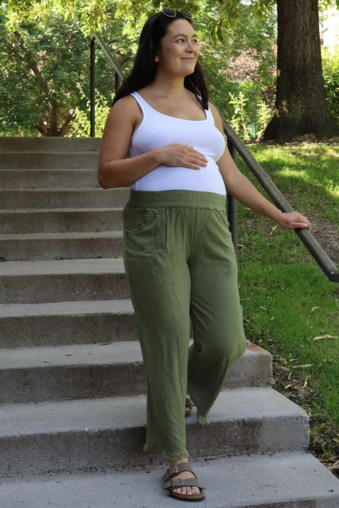Olive Linen Frayed Hem Crop Maternity Pants