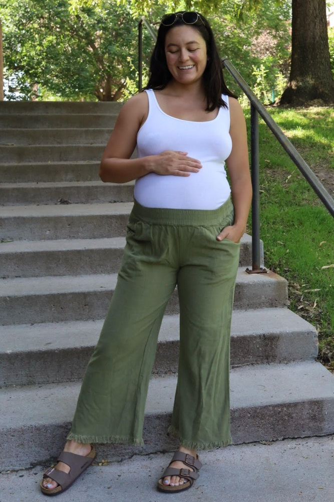 Olive Linen Frayed Hem Crop Maternity Pants