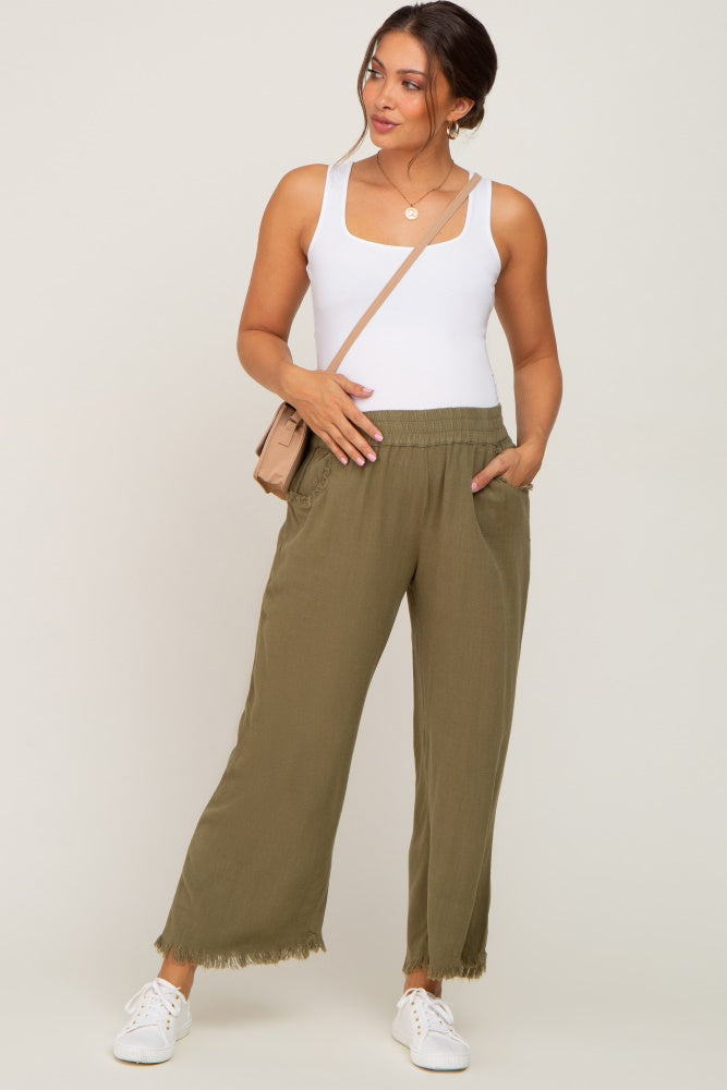 Olive Linen Frayed Hem Crop Maternity Pants