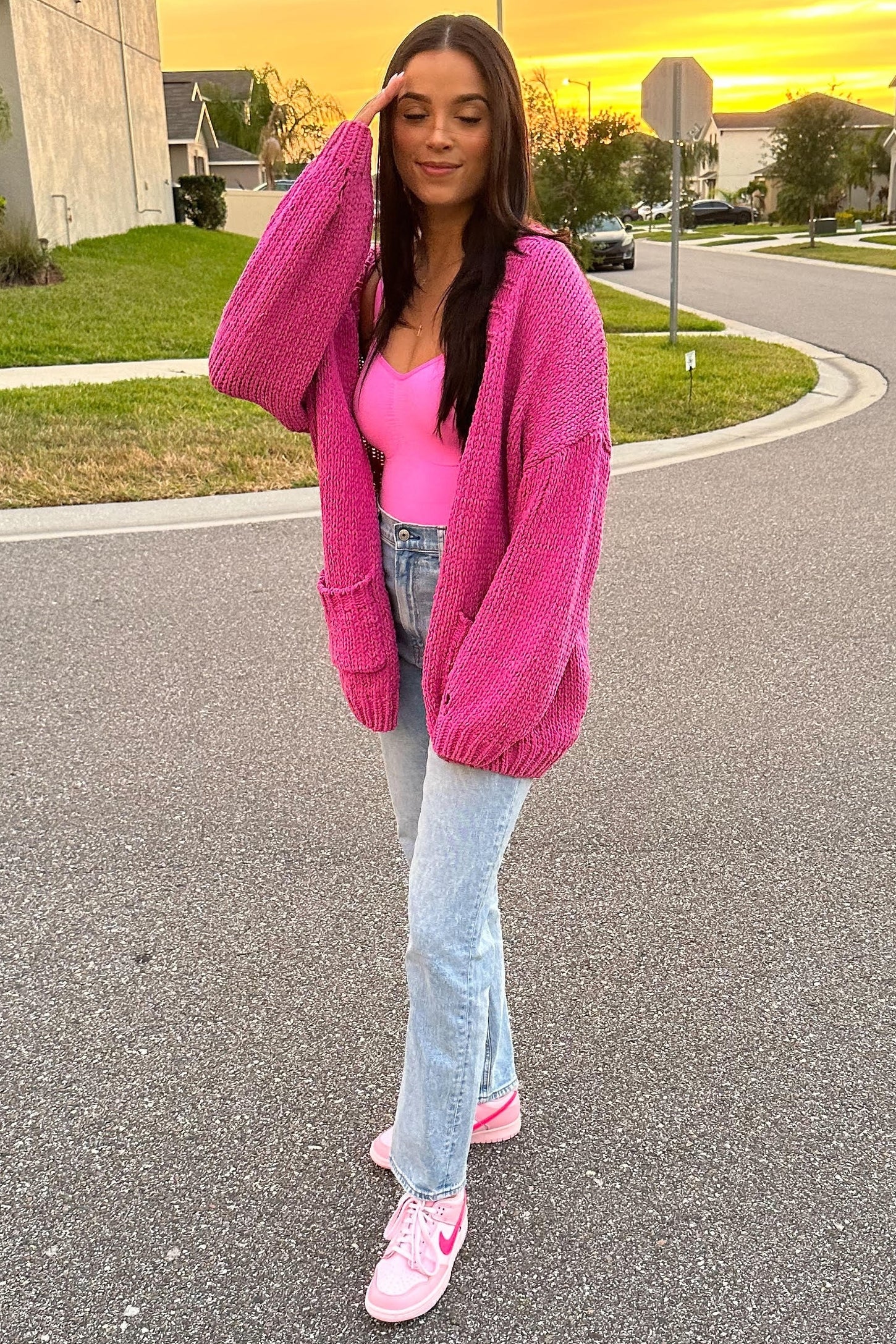 Fuchsia Oversized Bubble Sleeve Cardigan