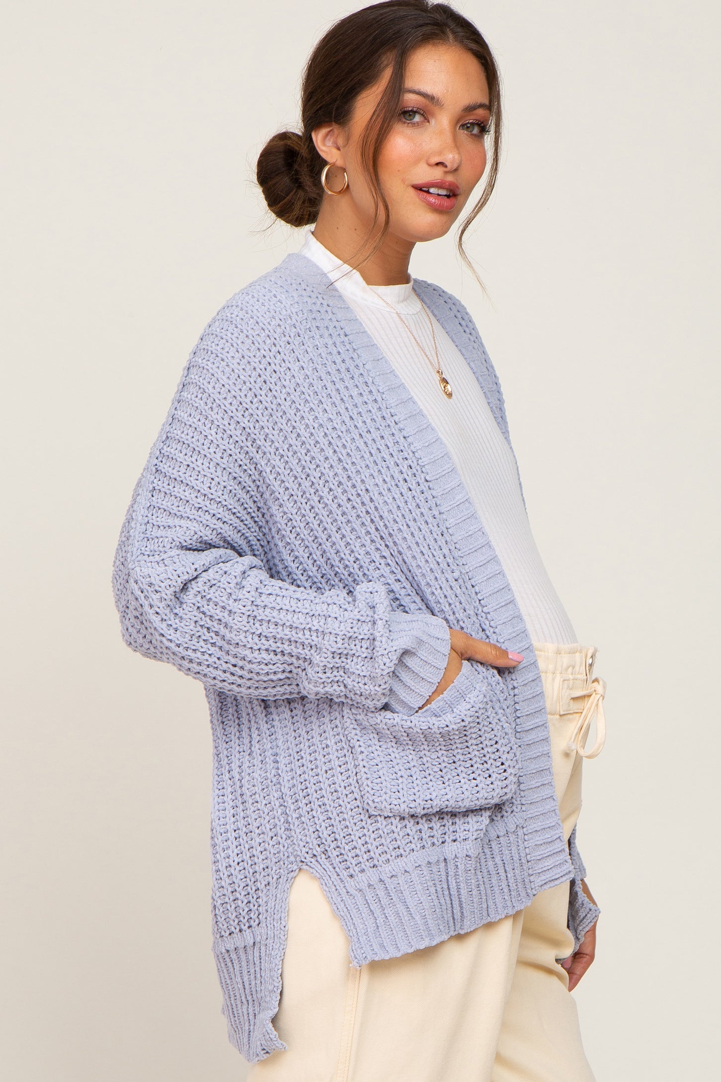 Light Blue Chunky Knit Oversized Maternity Cardigan