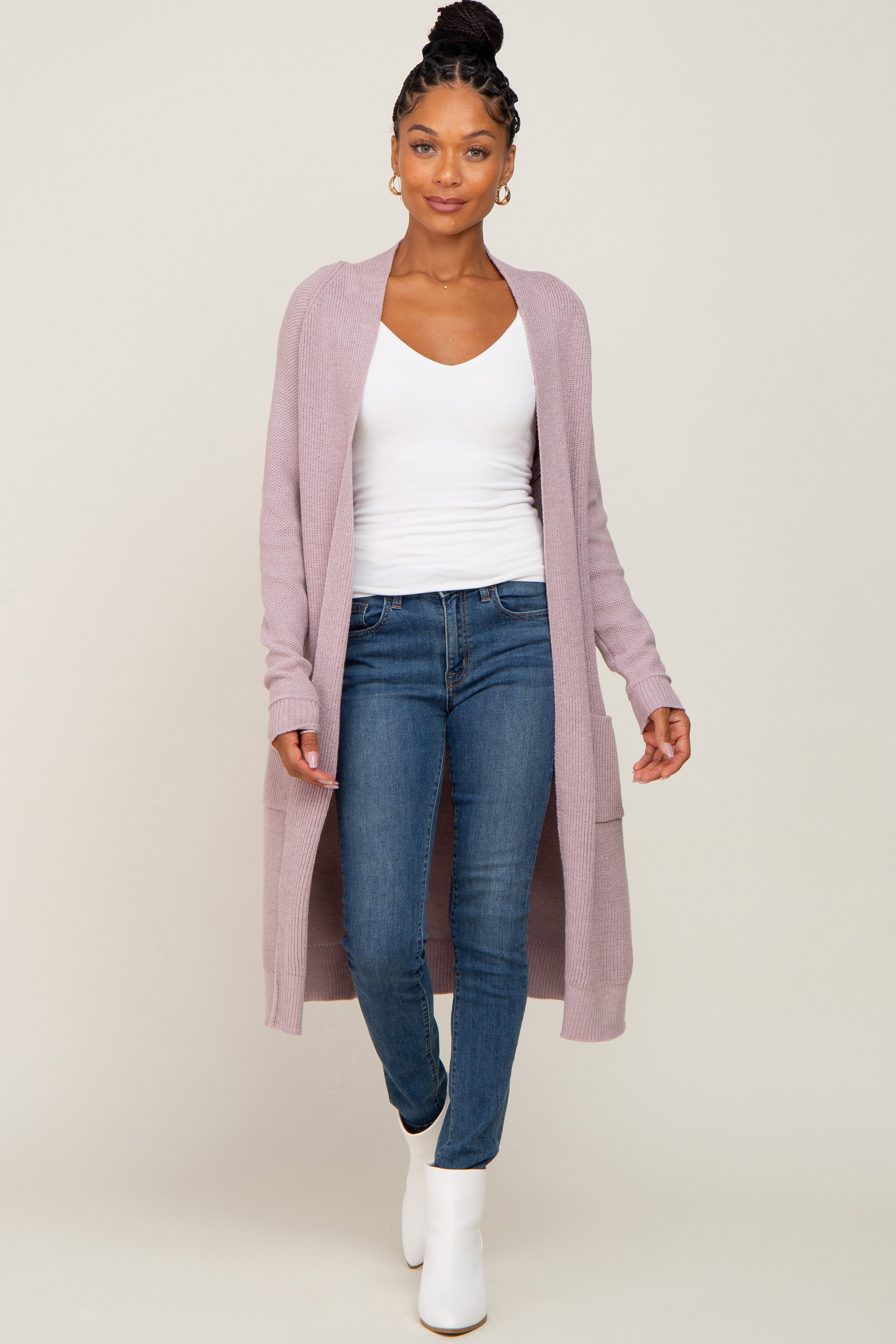 Mauve Open Front Long Cardigan – PinkBlush