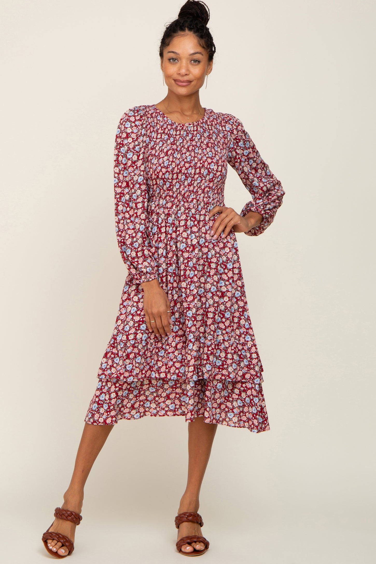 Burgundy Floral Smocked Long Sleeve Midi Dress Medium Burgundy Floral Smocked Long Sleeve Midi Dress Medium