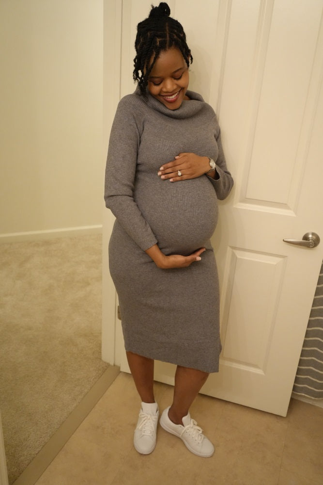 off shoulder maternity sweater dress Beige Faux Pearl Detail Off Shoulder Maternity Sweater Dress