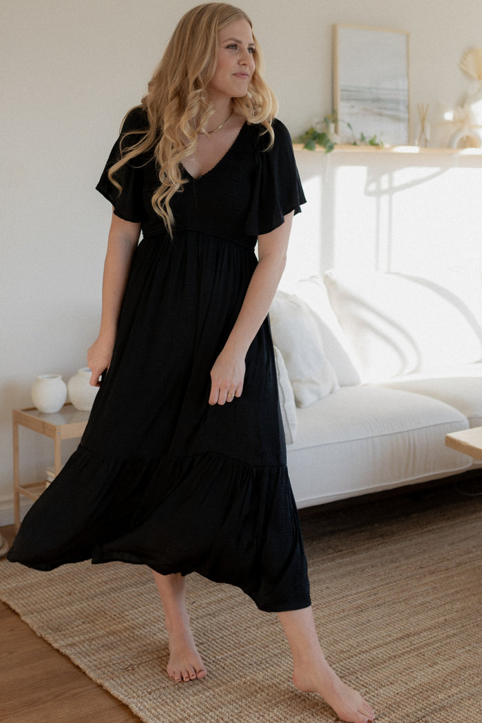 Black Satin Smocked Midi Dress