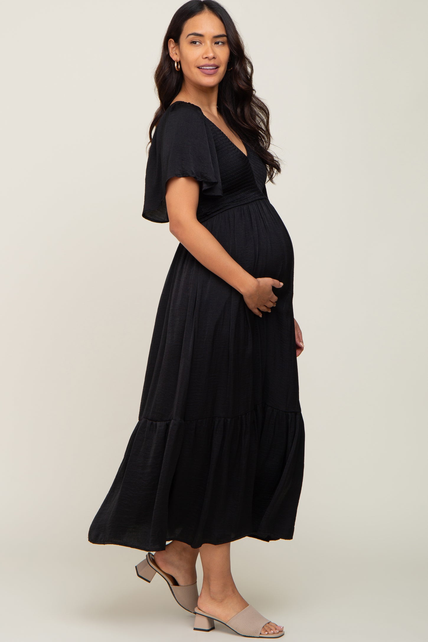 Women's Maternity Dress - Smocked Square Neck, Adjustable Tie Straps, Bump-Friendly Midi Length
