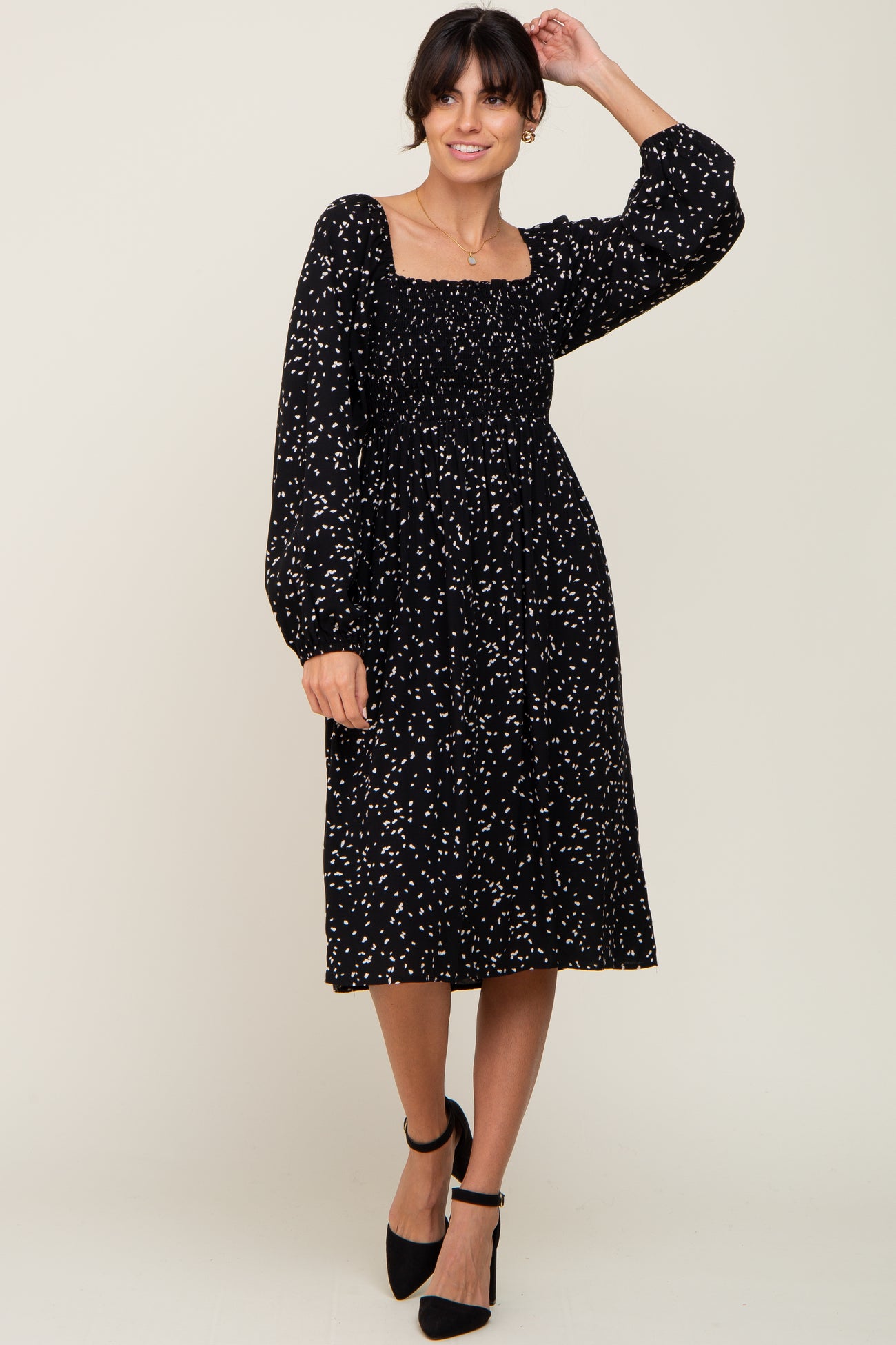 Black Printed Long Sleeve Midi Dress PinkBlush Black Printed Long Sleeve Midi Dress PinkBlush