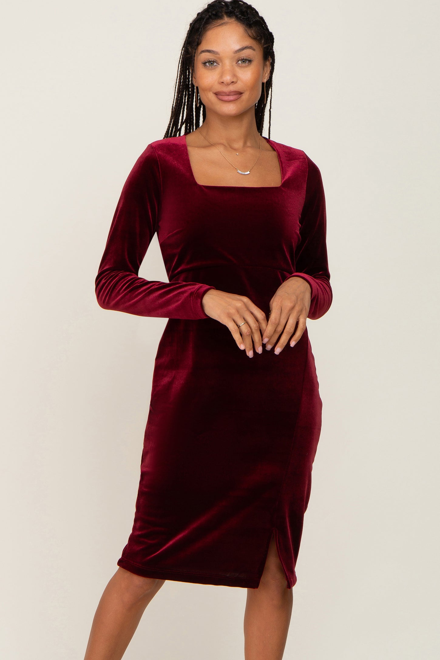 Burgundy Velvet Long Sleeve Side Slit Maternity Dress PinkBlush Burgundy Velvet Long Sleeve Side Slit Maternity Dress PinkBlush