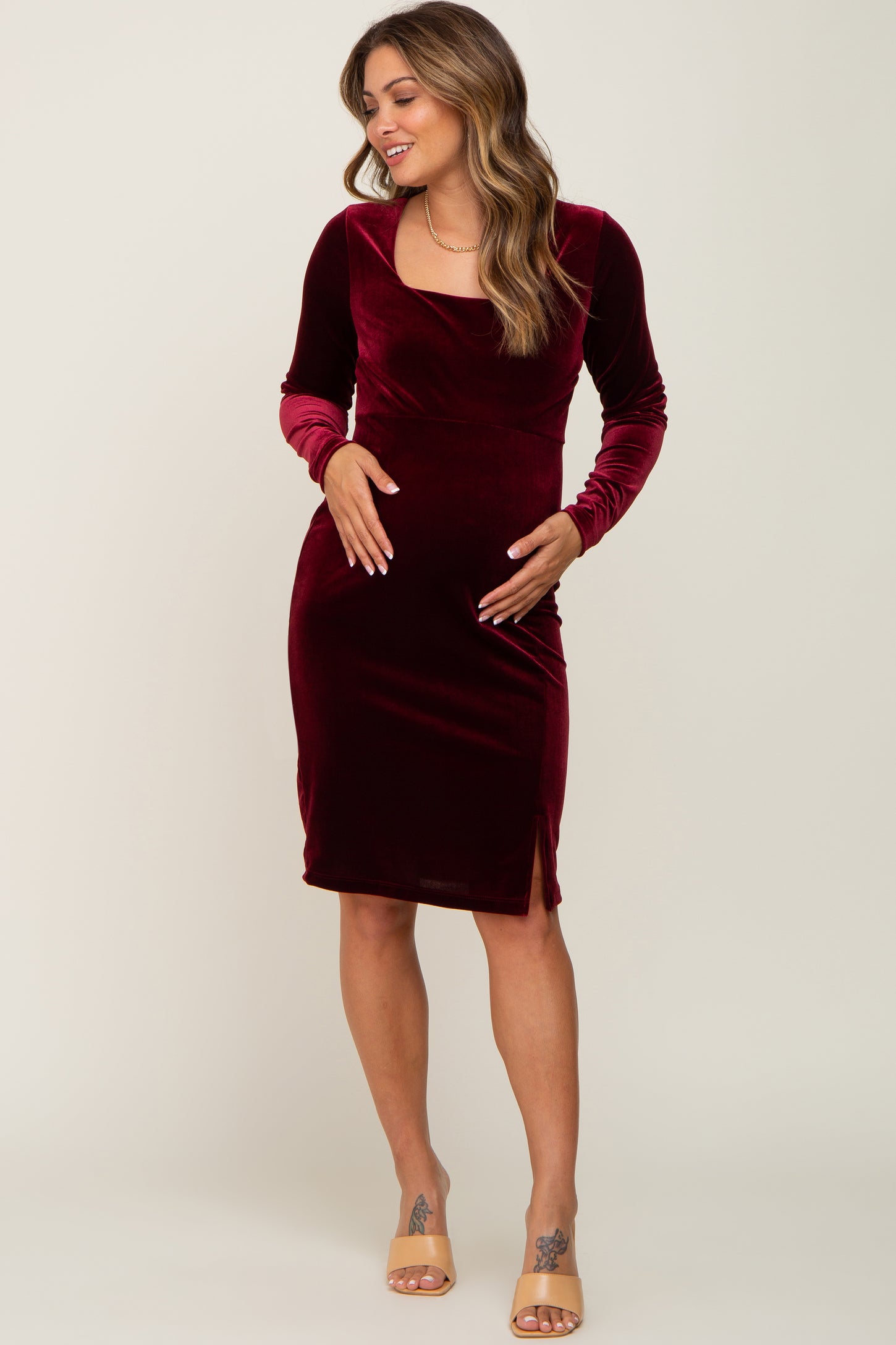 Burgundy Velvet Long Sleeve Side Slit Maternity Dress PinkBlush Burgundy Velvet Long Sleeve Side Slit Maternity Dress PinkBlush