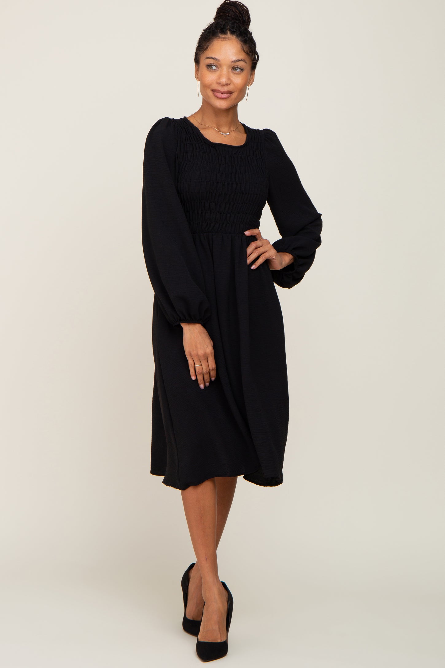 Black Smocked Long Sleeve Midi Dress – PinkBlush