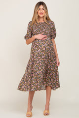 Multi-Color Floral Smocked Tiered Maternity Midi Dress