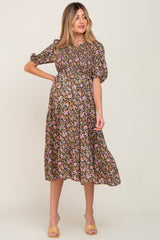 Multi-Color Floral Smocked Tiered Maternity Midi Dress