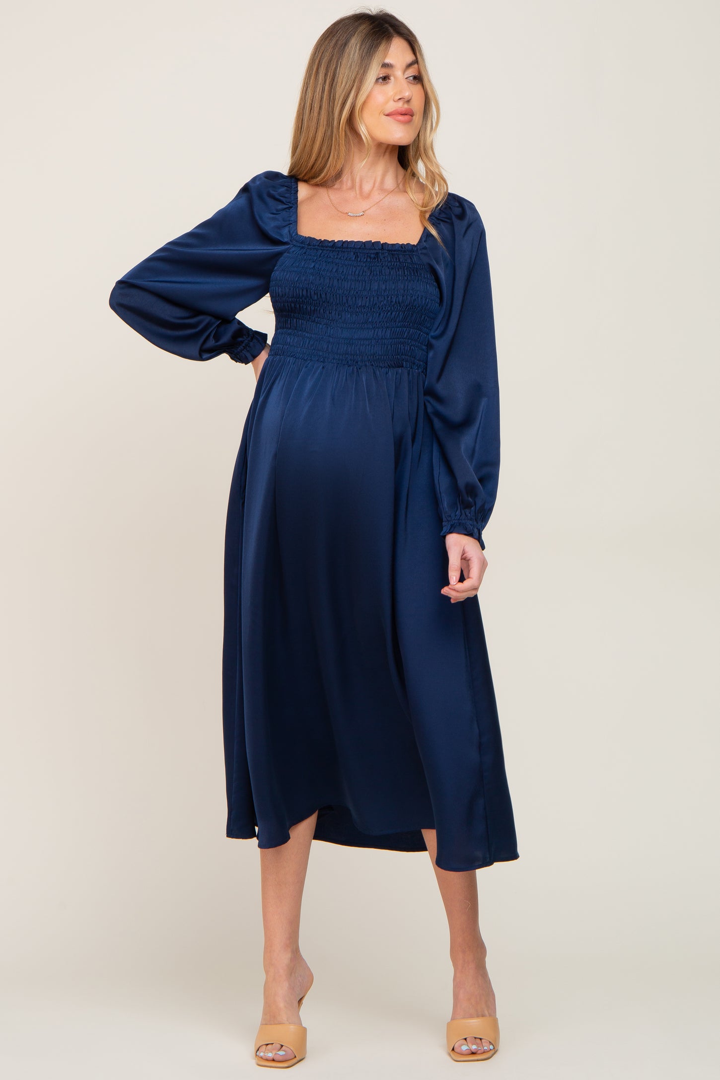 Navy Blue Smocked Square Neck Satin Maternity Midi Dress PinkBlush Navy Blue Smocked Square Neck Satin Maternity Midi Dress PinkBlush