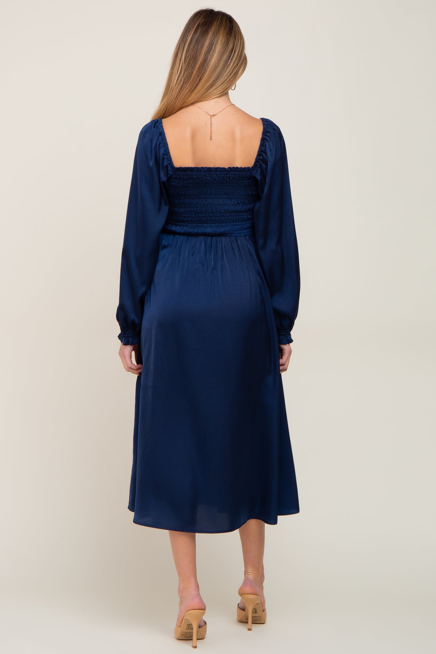 Navy Blue Smocked Square Neck Satin Maternity Midi Dress Large Navy Blue Smocked Square Neck Satin Maternity Midi Dress Large