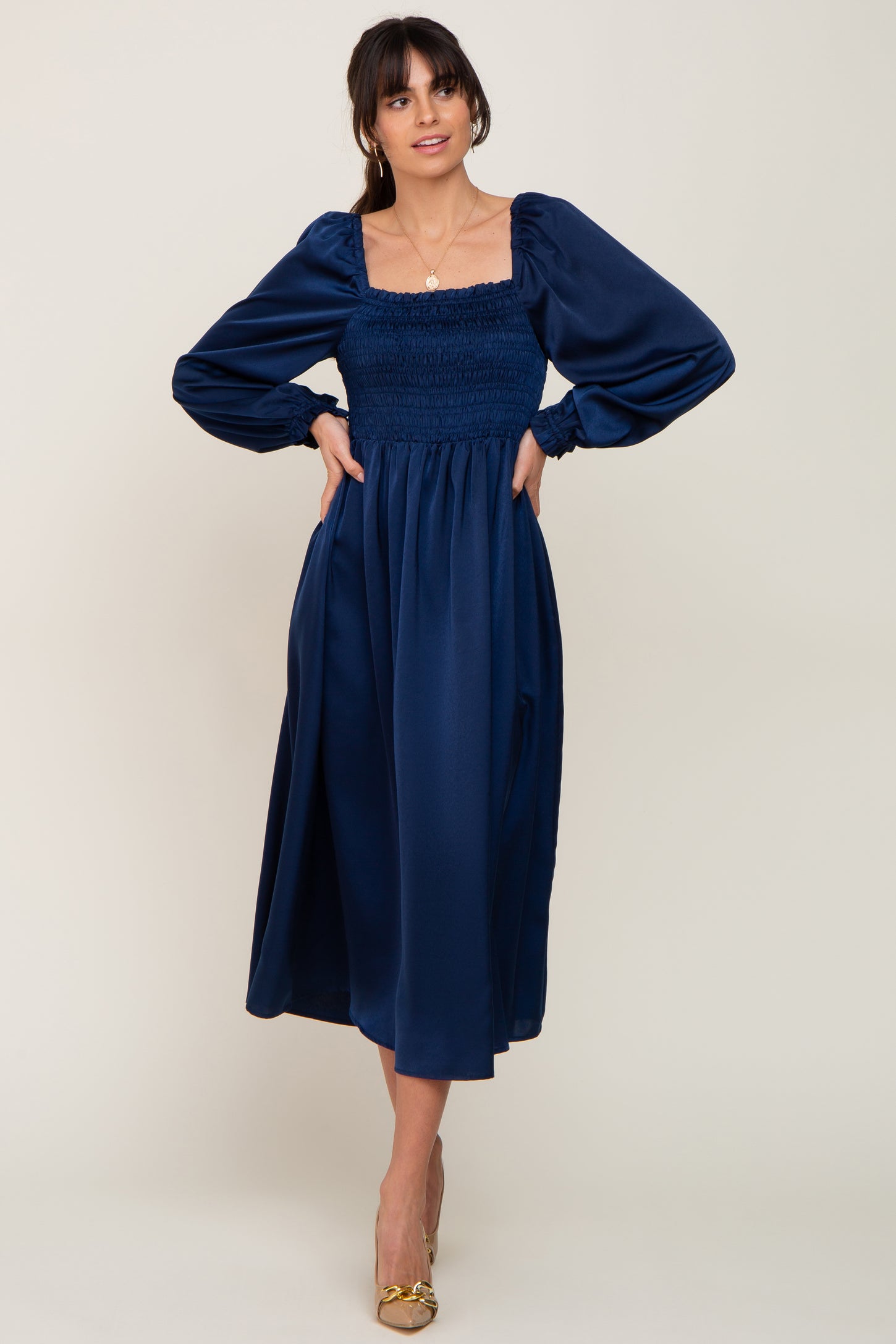 Navy Blue Smocked Square Neck Satin Maternity Midi Dress PinkBlush Navy Blue Smocked Square Neck Satin Maternity Midi Dress PinkBlush