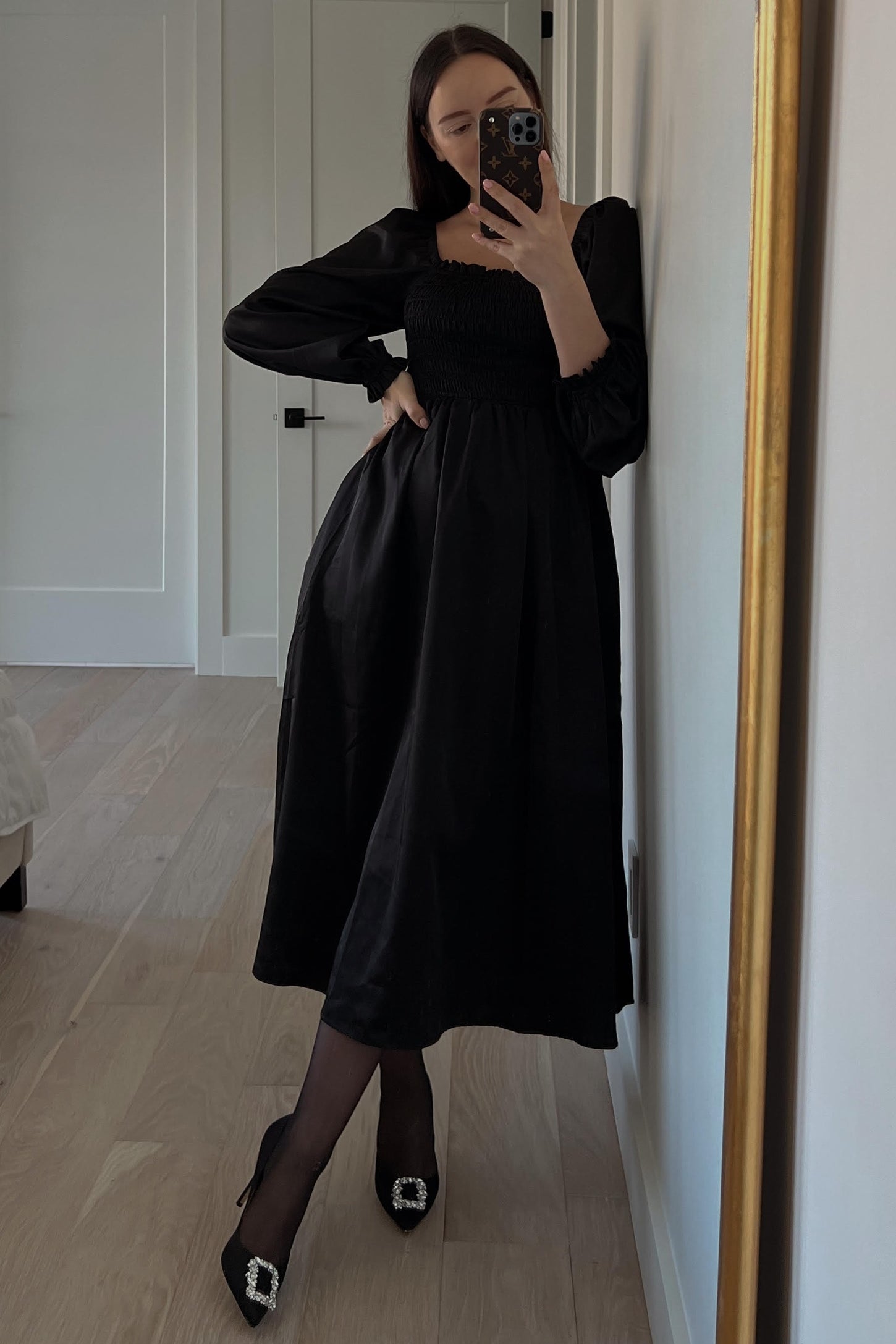 Black Smocked Square Neck Satin Midi Dress