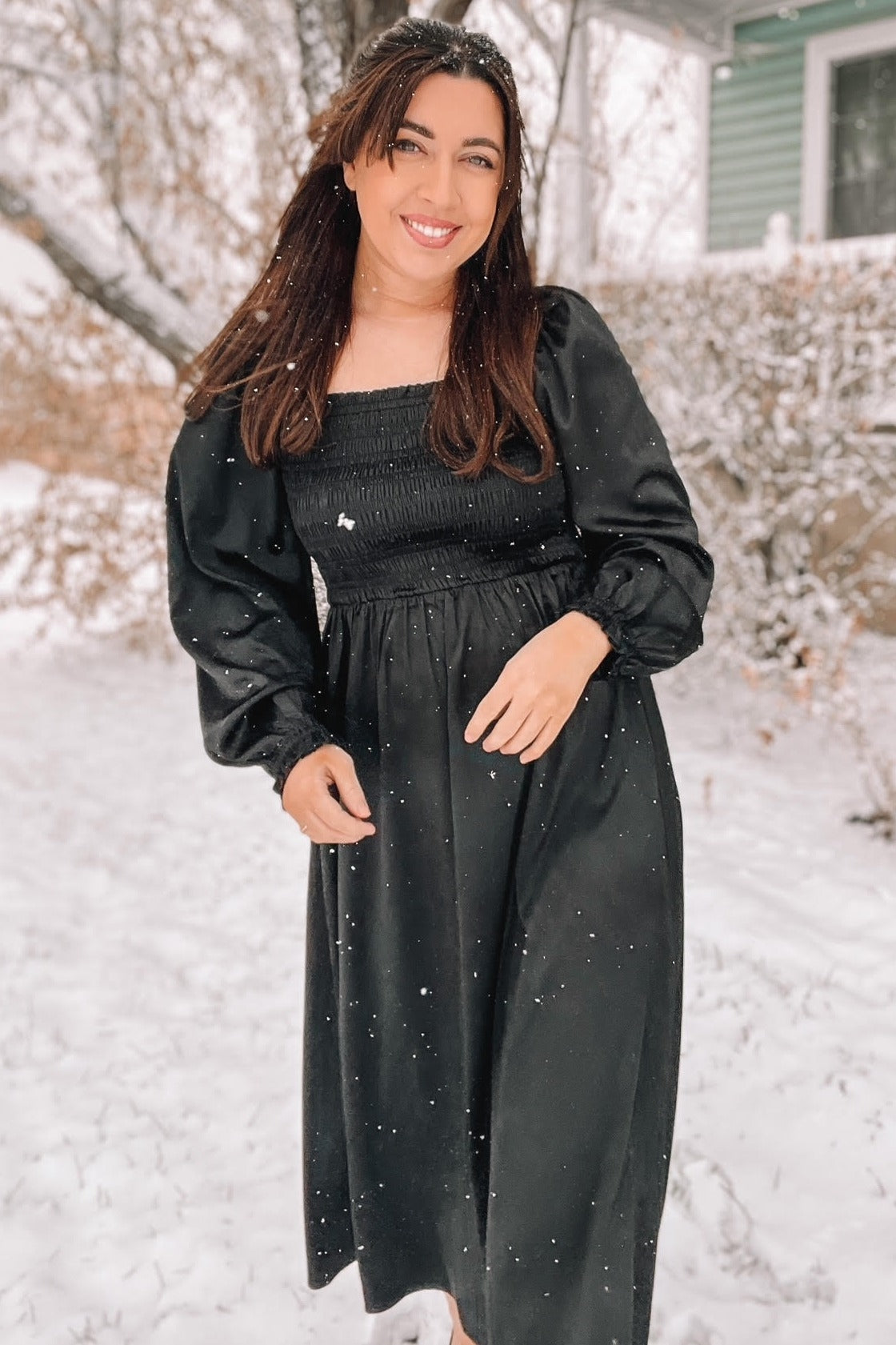 Black Smocked Square Neck Satin Maternity Midi Dress Medium