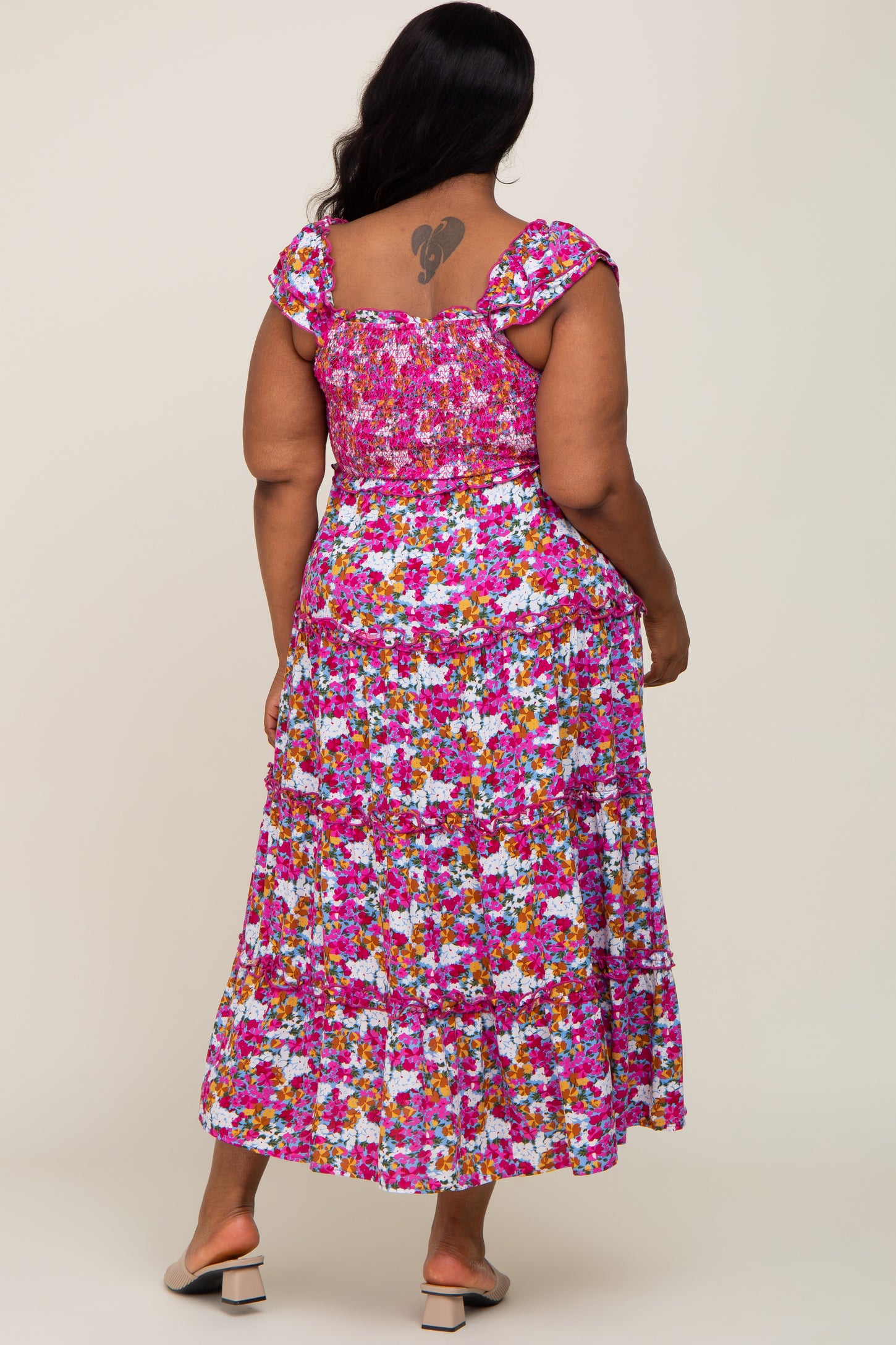 Magenta Floral Smocked Ruffle Tiered Midi Dress